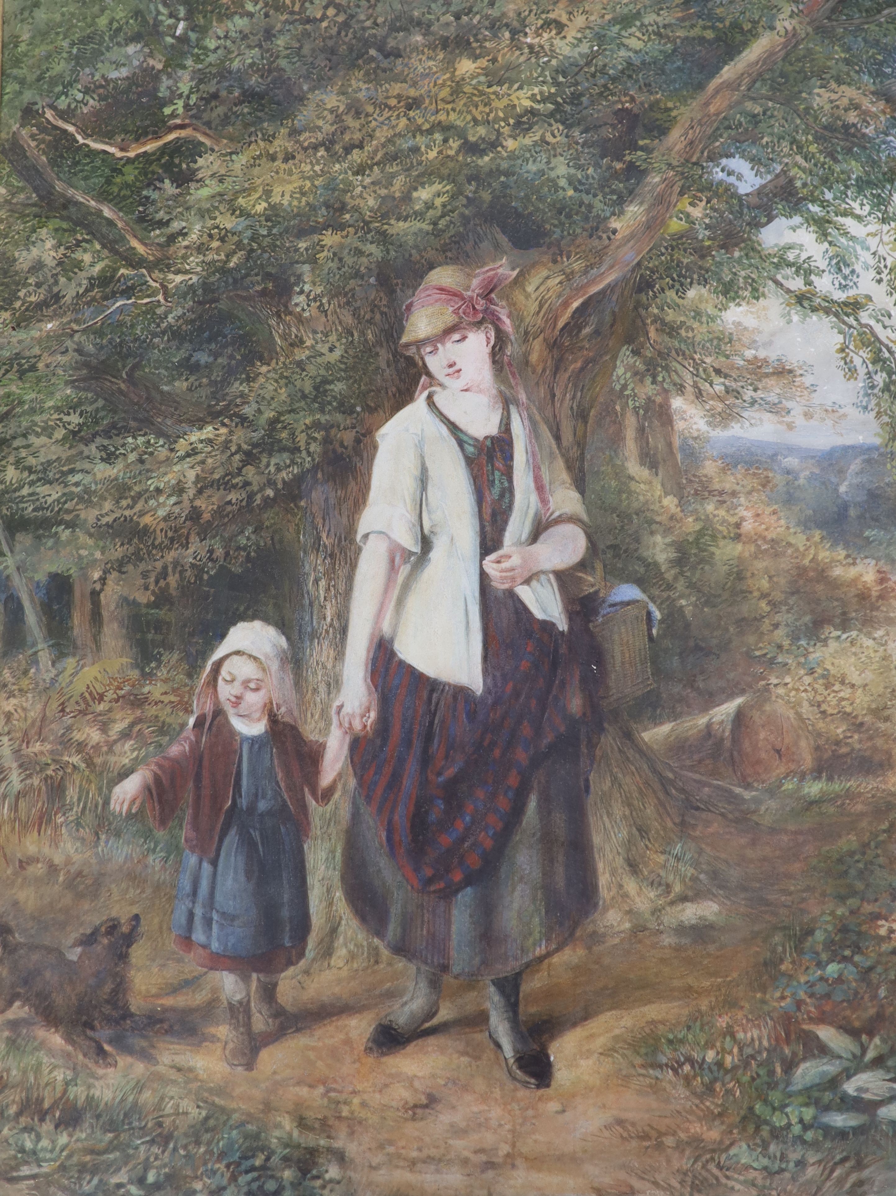 Victorian School, watercolour, Mother and child on a lane, indistinctly signed 66 x 48 cm, and an engraved study of a youth, 44 x 34cm.